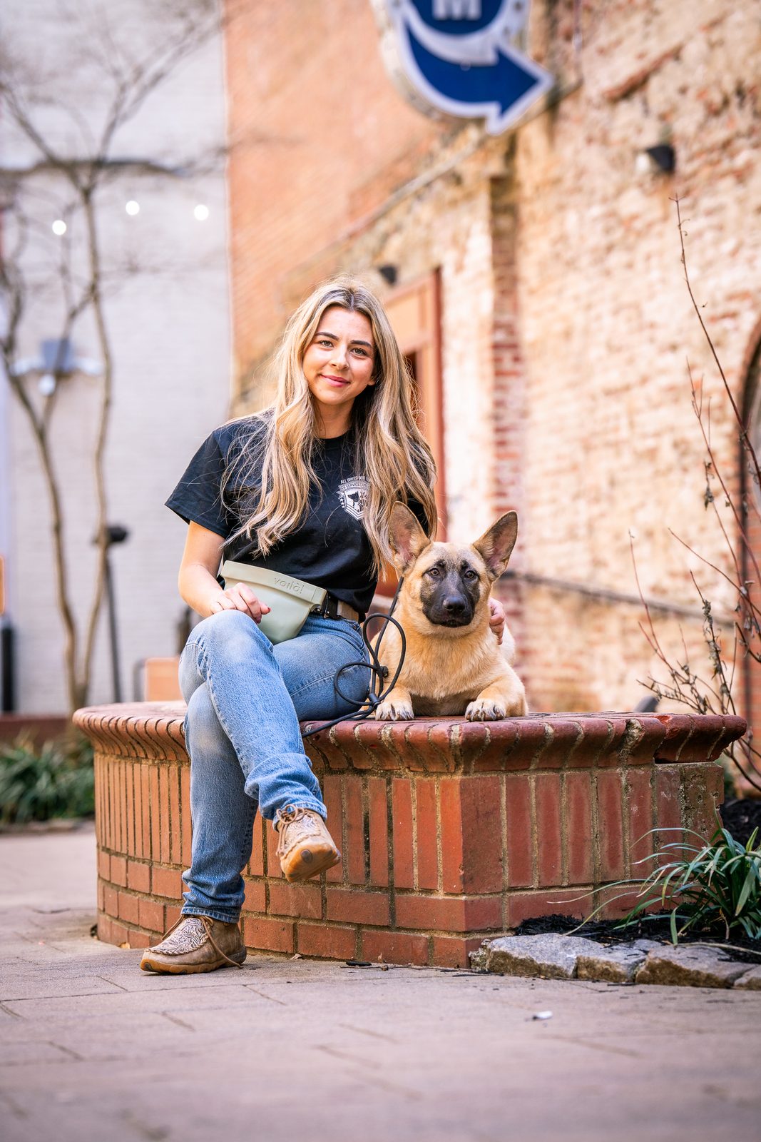 A trainer sits on a brick planter with a young Belgian Malinois beside her