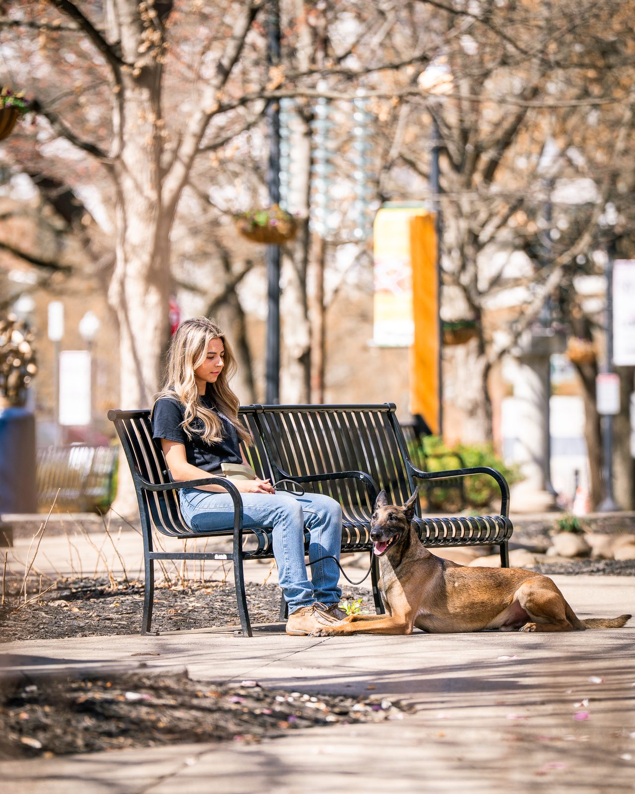 A trainer sits on a bench while a Malinois lies down at her feet on a tree-lined downtown plaza